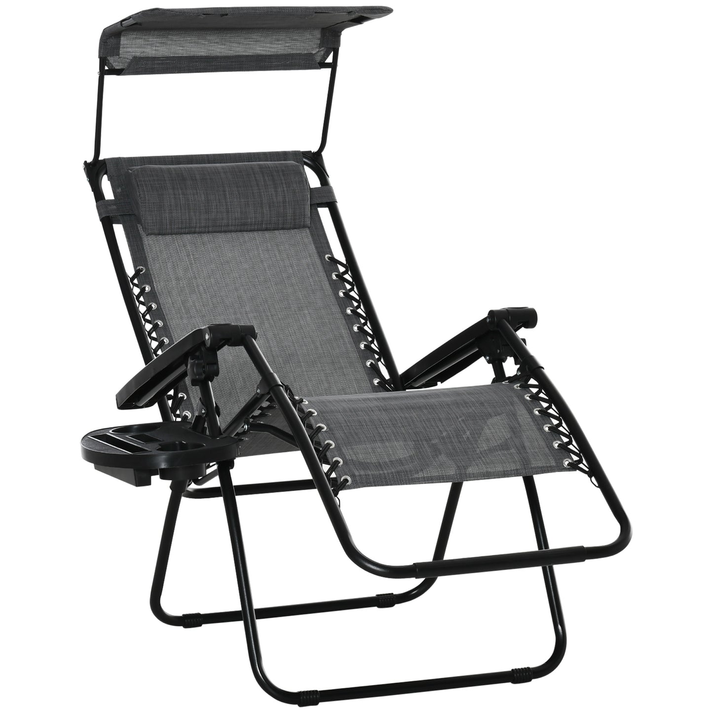 Outdoor Zero Gravity Reclining Lounger Chair with Canopy Shade, Side Tray, Cupholder, Light Grey