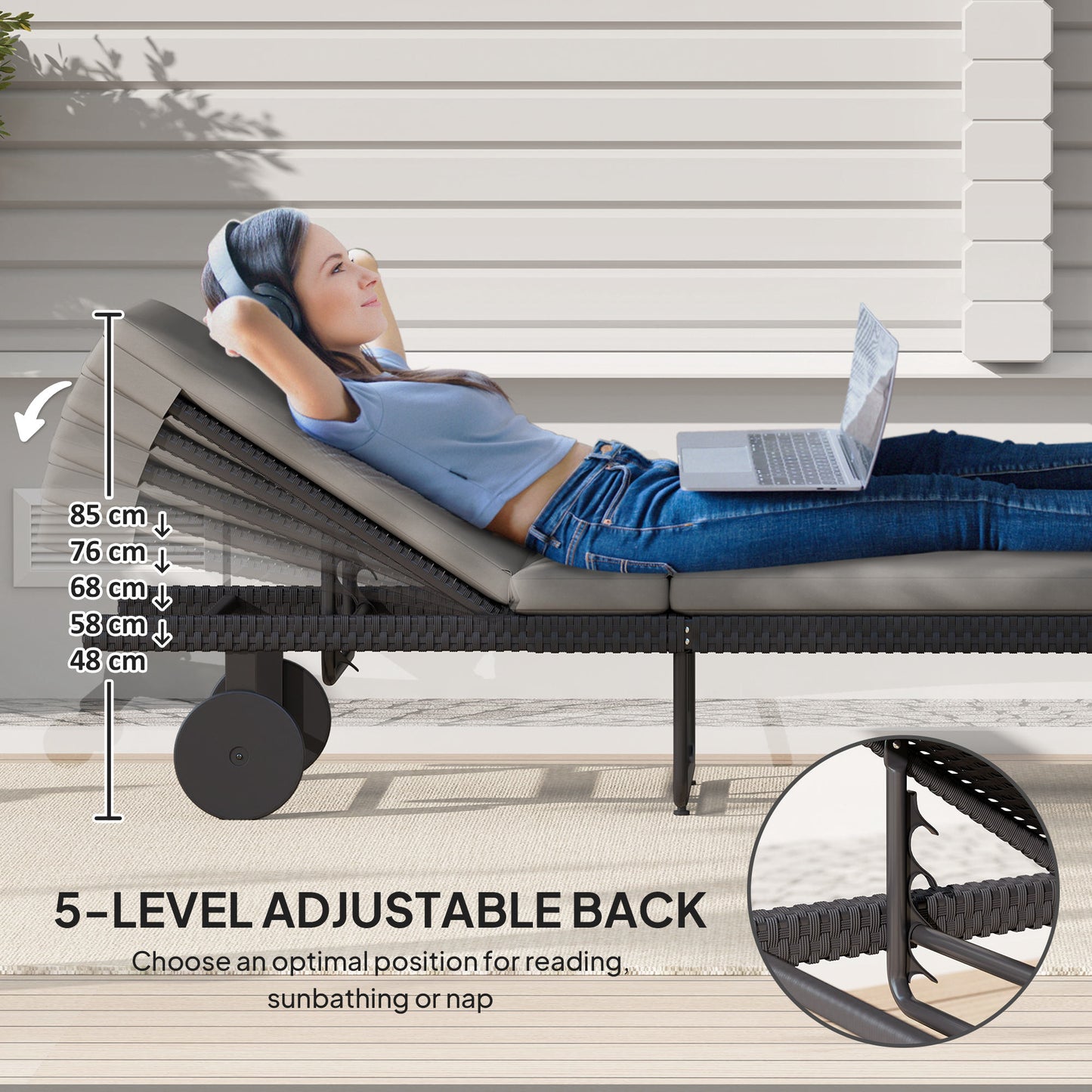 PE Rattan Tanning Chair, Outdoor Patio Lounger with 5-Level Adjustable Back, Wheels and Cushion, Grey