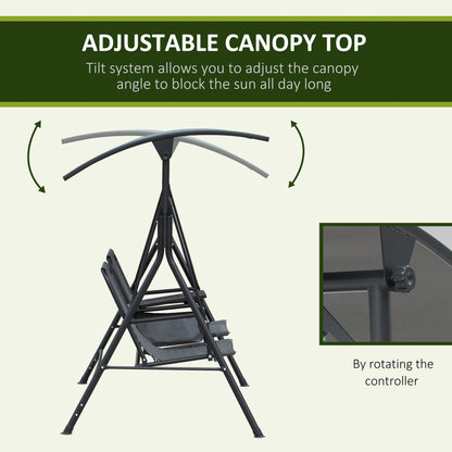 2 Person Covered Porch Swing Patio Swing with Pivot Storage Table, Cup Holder, & Adjustable Overhead Canopy, Grey