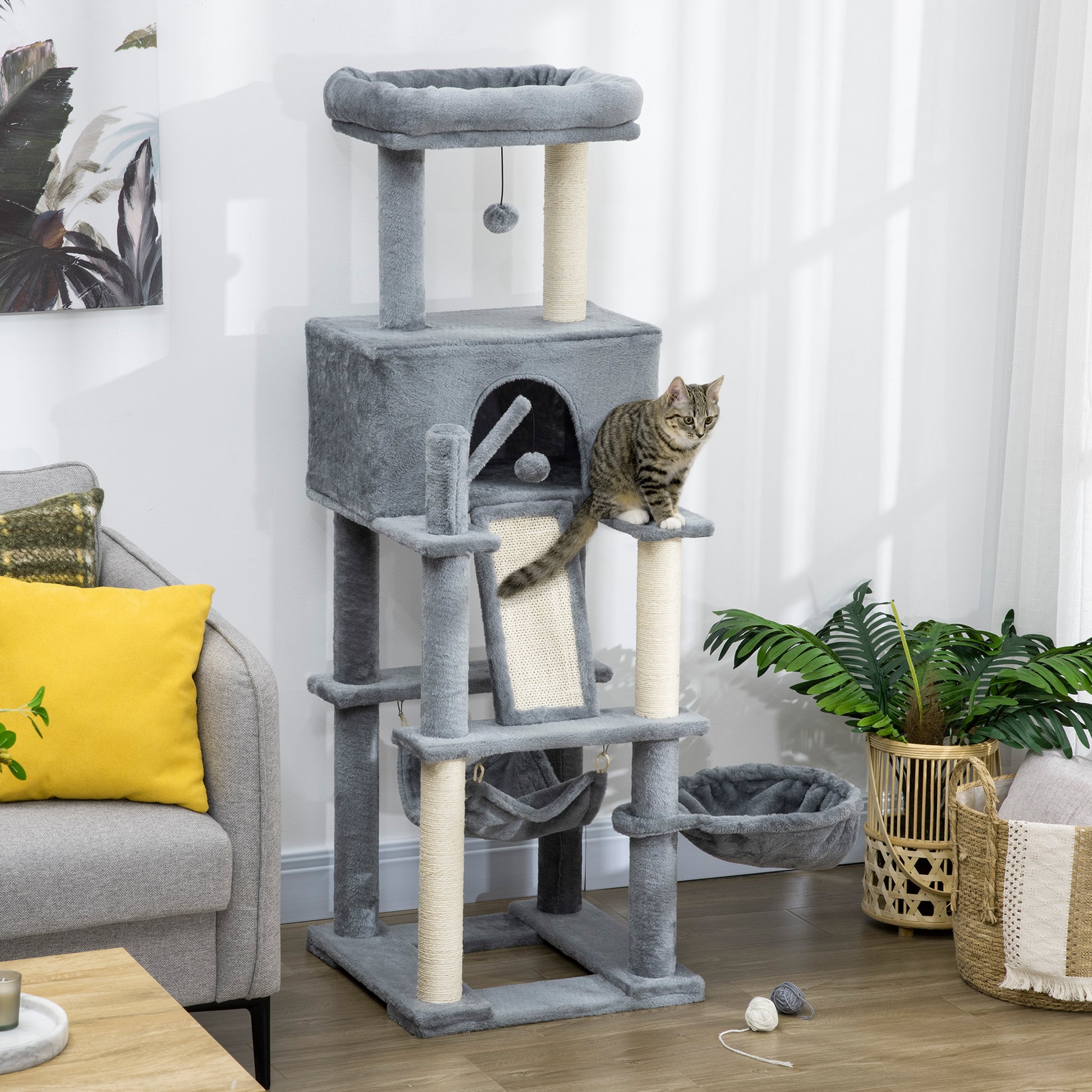 55" Cat Tree for Indoor Cats, Cat Tower, Kitty Activity Center with Cat Bed Ramp Condo Hammocks Hanging Ball Toys Sisal Rope Scratching Post, Grey