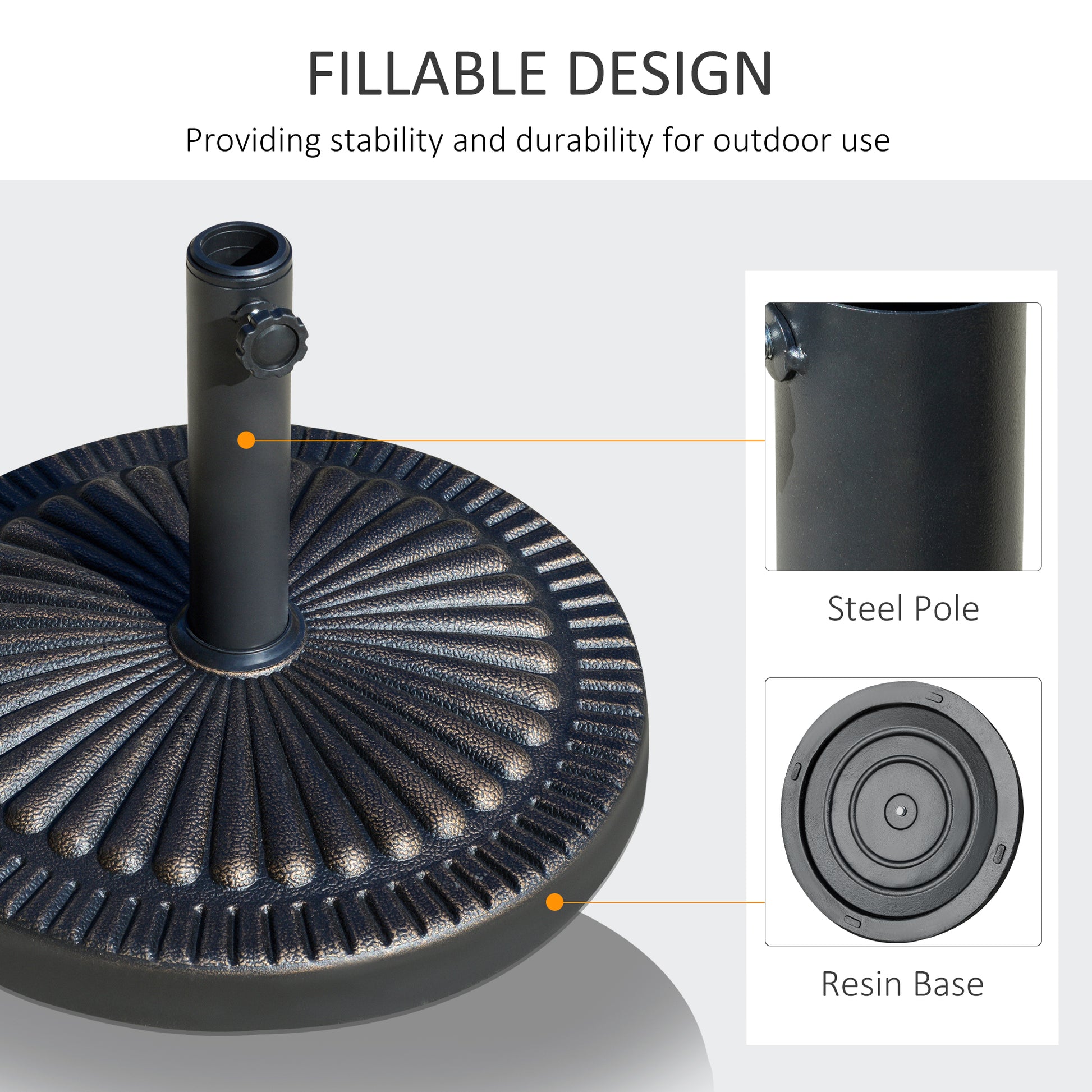 Round Umbrella Base Φ19.1", 31.5 lbs Resin Stand with Decorative Design for Poles 1.5"/1.9", Bronze