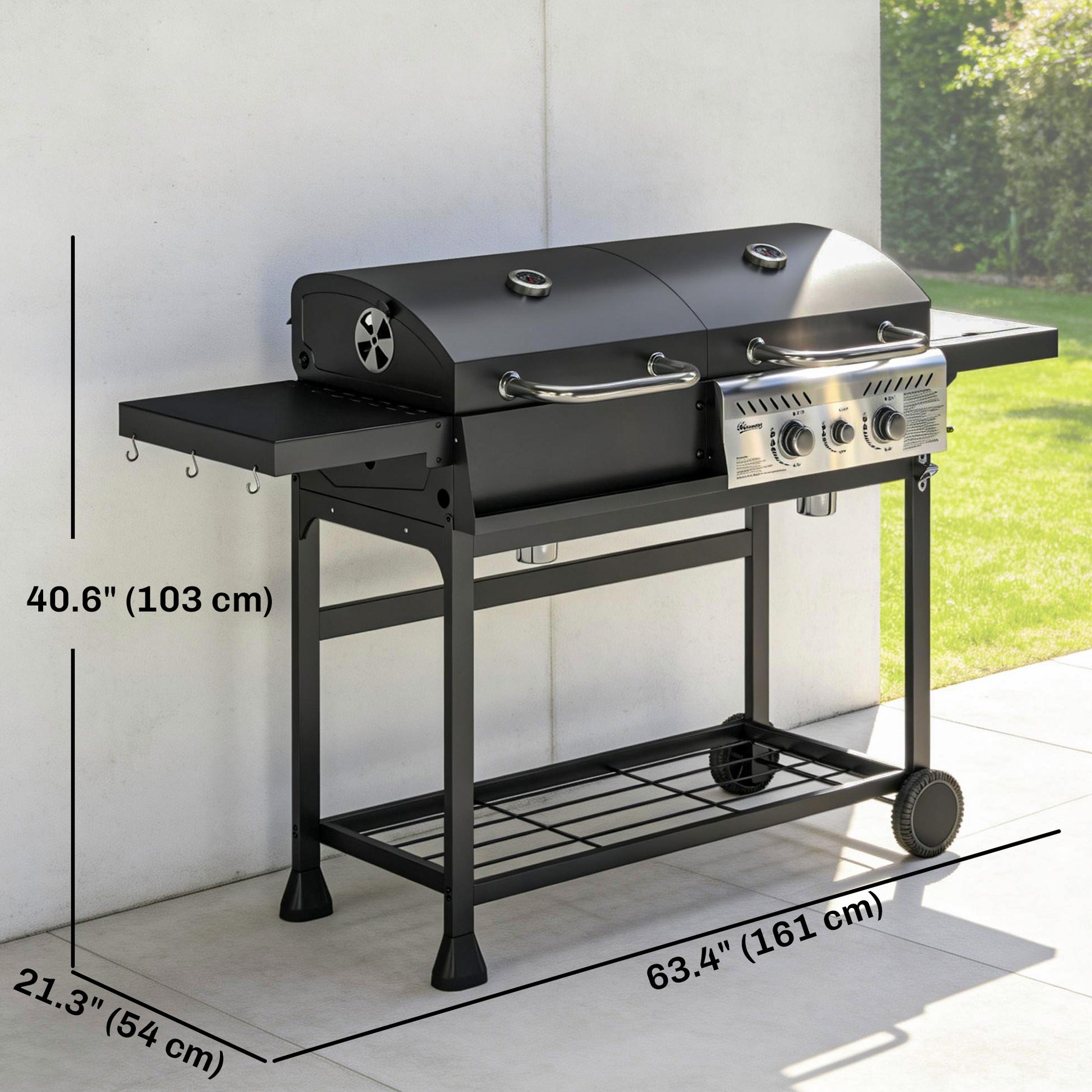 Dual Fuel BBQ Grill, Charcoal and 2+1 Gas Burner Barbecue Grill with Wheels, Warming Rack, Black