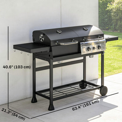 Dual Fuel BBQ Grill, Charcoal and 2+1 Gas Burner Barbecue Grill with Wheels, Warming Rack, Black