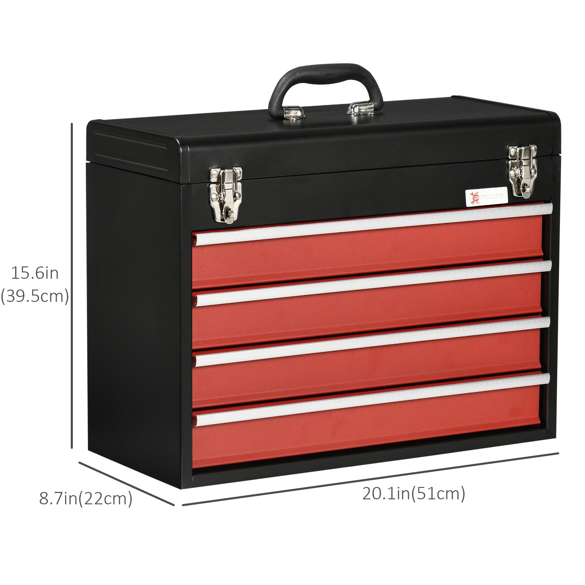 15.6" Tall Portable Metal Tool Box with Metal Latch Closure, 4 Drawer Lockable Tool Chest with Ball-bearing Slider for Garage, Household and Warehouse, Red