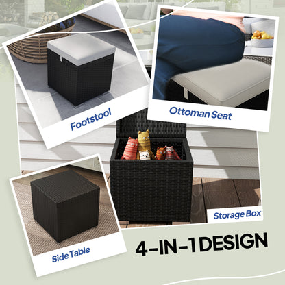 2 Pieces Wicker Outdoor Ottoman with Storage, Cushion, Square Outdoor Footstool, Seating, Side Table, Light Grey