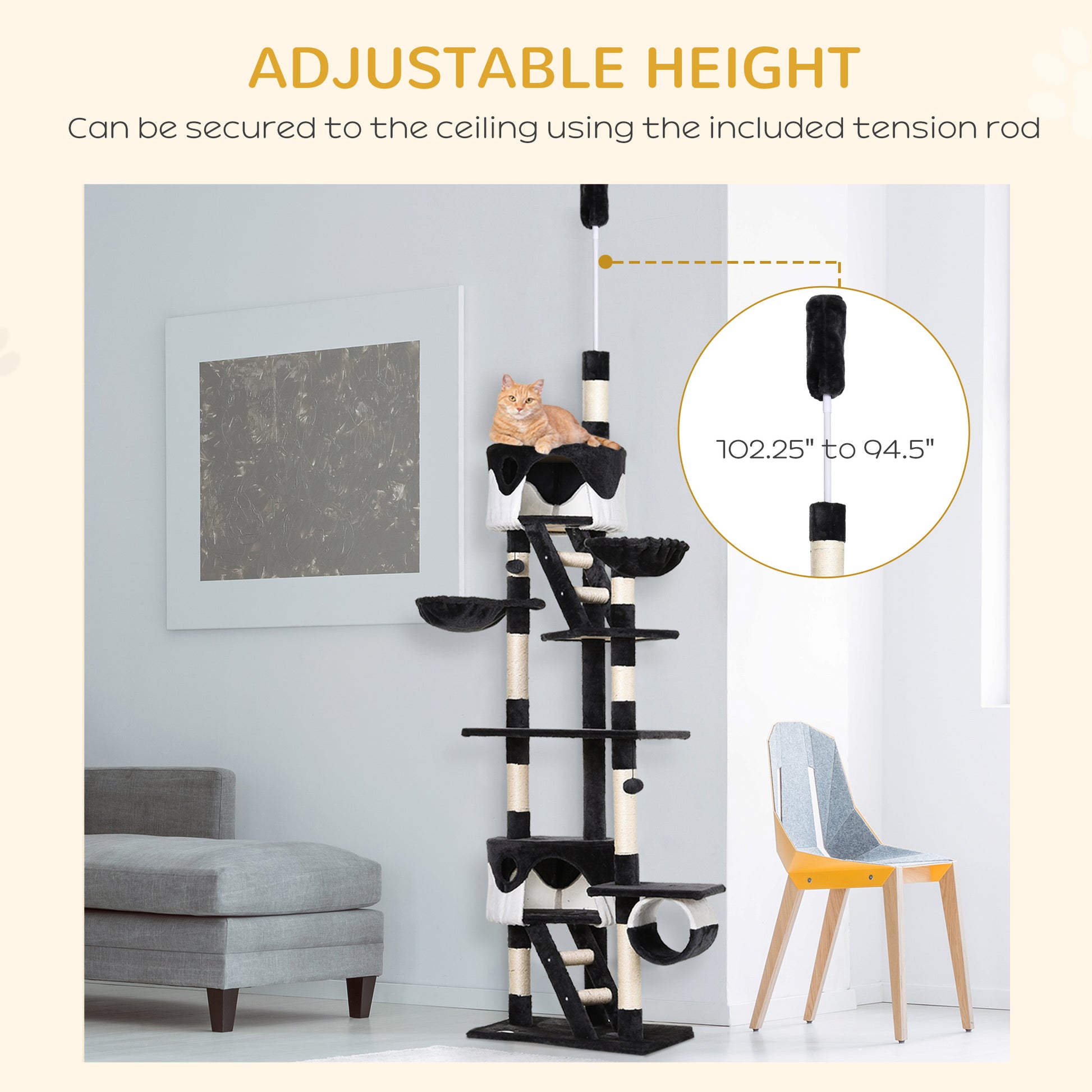 94"-102" Floor to Ceiling Cat Tree, High Cat Condo Scratching Post Activity Center, Multi-Level Play House