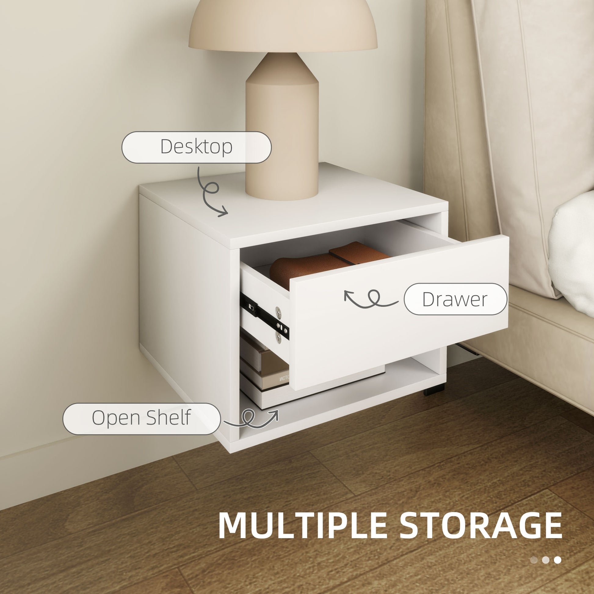 Floating Nightstand Set of 2, Wall Mounted Bedside Table with Drawer for Bedroom, White