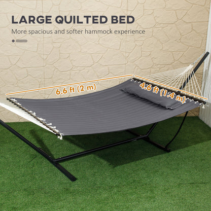 2 Person Hammock Quilted Double Hammock with Stand Pillow Spreader Bars for Outdoor Camping Beach, Dark Grey