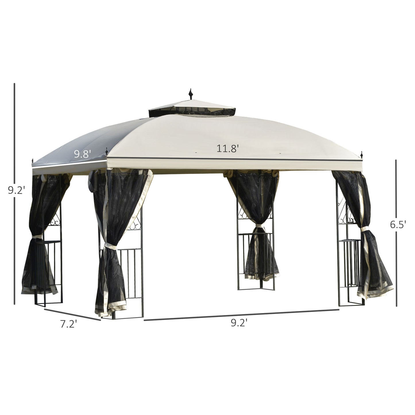 12' x 10' Outdoor Patio Gazebo Canopy with Double Tier Roof, Removable Mesh Sidewalls, Triangular Display Shelves, Beige