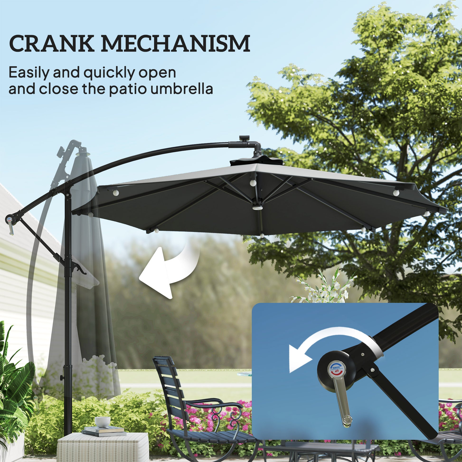 8.8FT Cantilever Patio Umbrella with Solar Powered LED Lights, Crank Handle, Cross Base for Outdoor Sun Shade, Grey