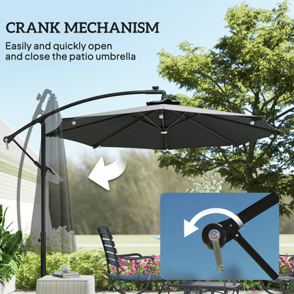 8.8FT Cantilever Patio Umbrella with Solar Powered LED Lights, Crank Handle, Cross Base for Outdoor Sun Shade, Grey