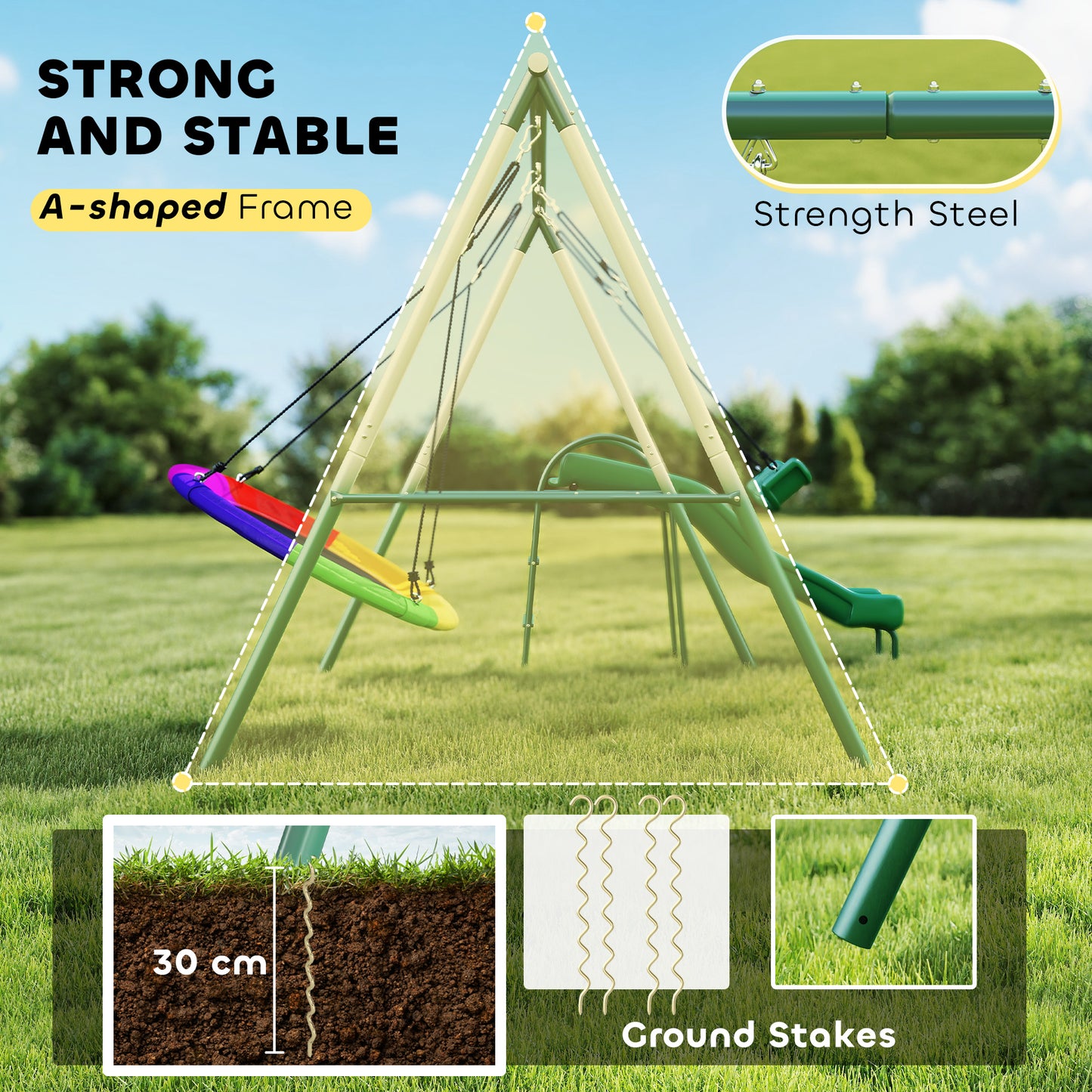 Qaba Metal Swing Set with Slide, Saucer Swing Seat, Heavy Duty A-Frame Stand and Adjustable Rope for Backyard, Dark Green