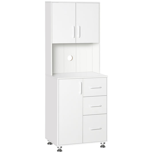 Modern Kitchen Cupboard with Storage Cabinet Hutch, 2 Cabinets, 3 Drawers and Open Countertop, White