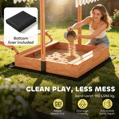 Qaba Kids Sandbox with Canopy, Wooden Sand Box with Foldable Picnic Table, Bench Seats, Liner, Cover, Gift for Ages 3-8