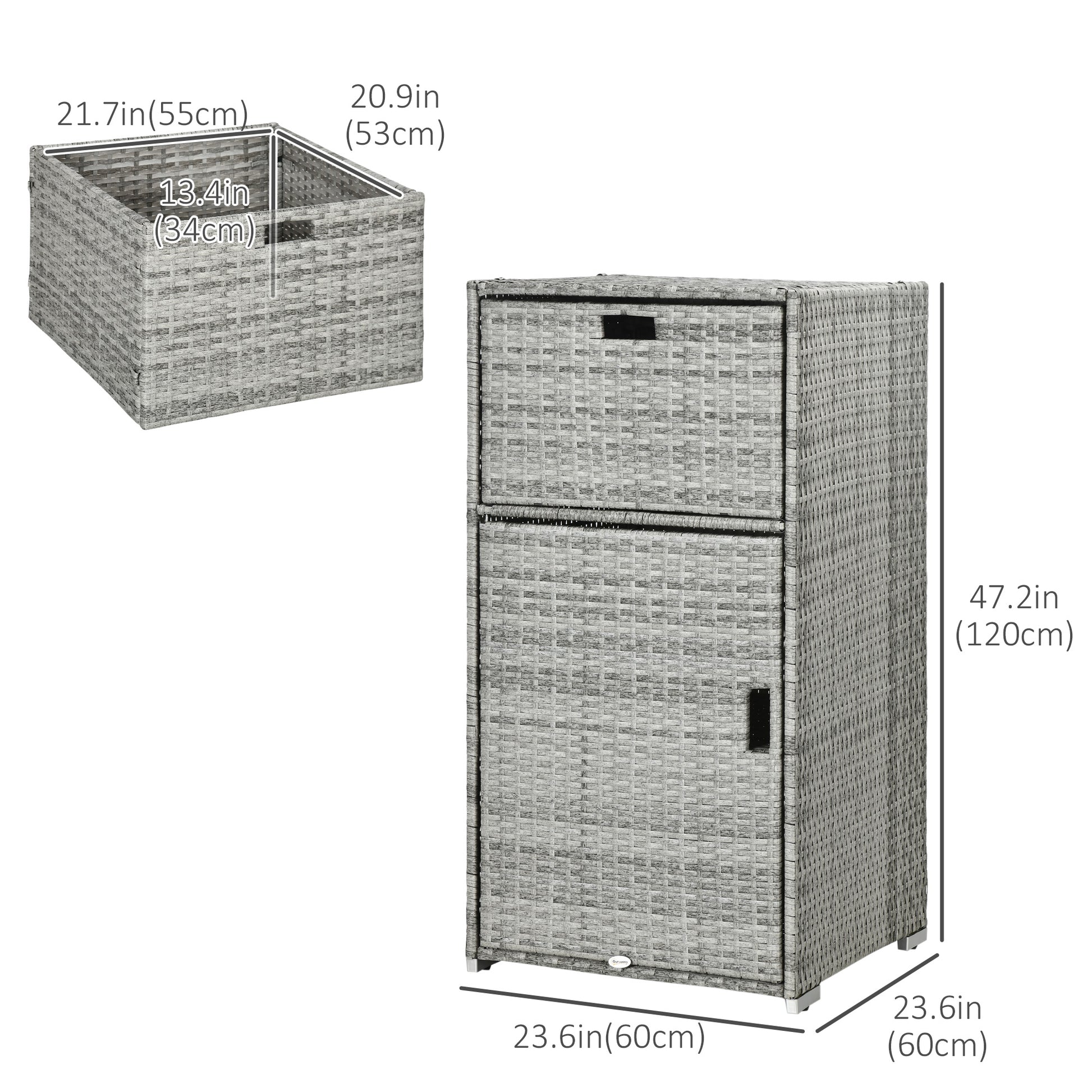 Patio Storage Cabinet, Outdoor Towel Rack for Pool, PE Rattan Wicker Hot Tub Accessory, with Basket Drawer, Mixed Grey