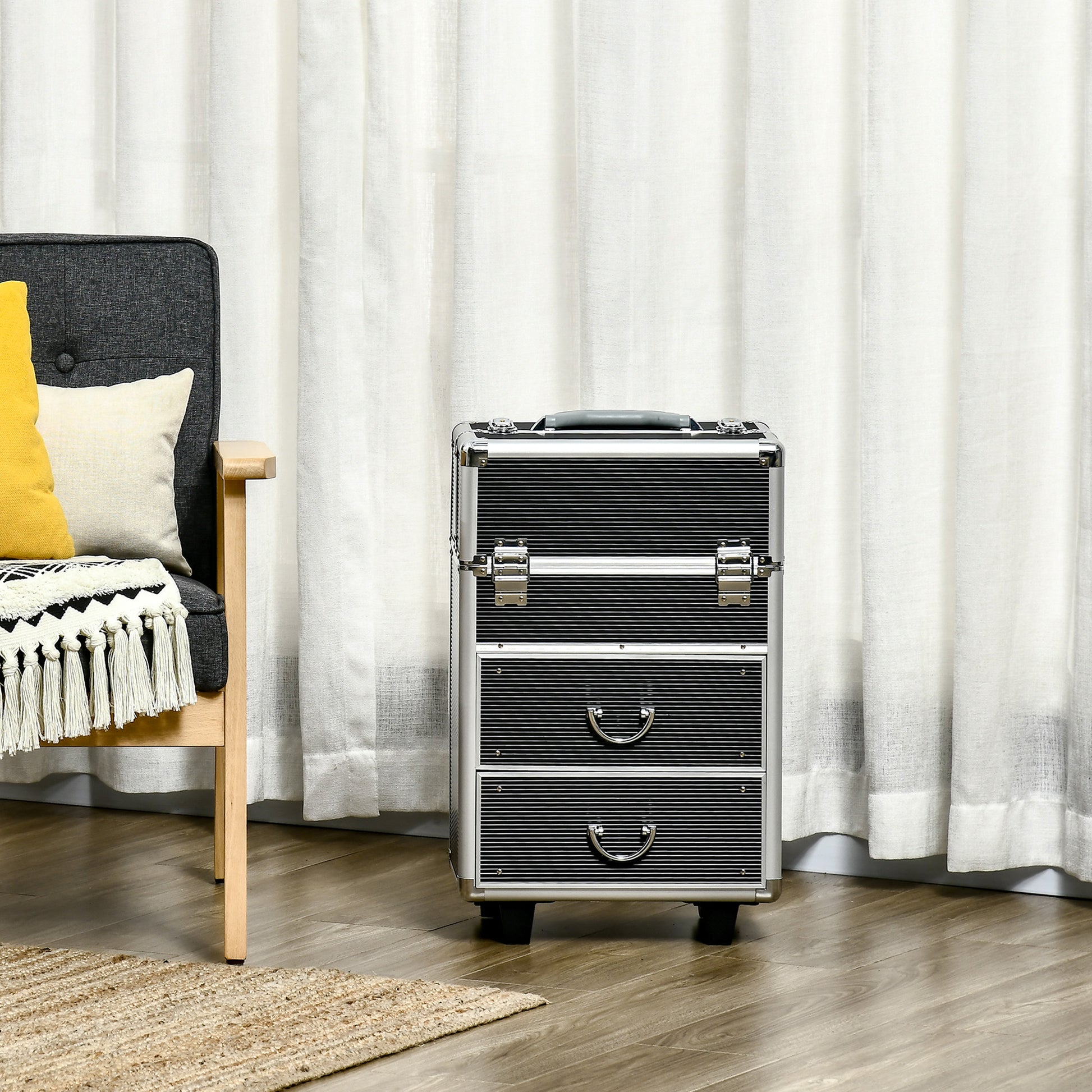 Aluminum Rolling Makeup Train Case, Portable Professional Cosmetic Makeup Case, Lockable Traveling Cart Trunk with Folding Trays, Swivel Wheels and Keys, Black