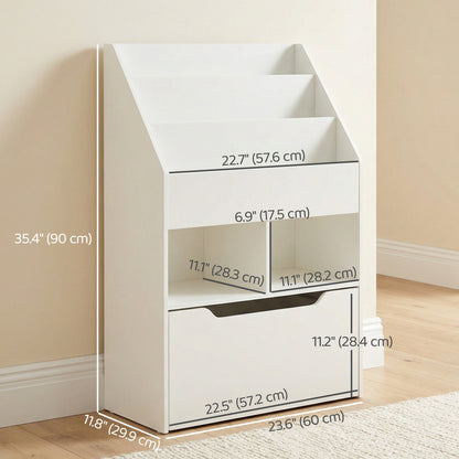 Kids Bookshelf Bookcase, Montessori-Inspired Multi-Shelf Rack Organizer with Moveable Drawer for Books for Reading Nook, Classroom, Bedroom, Playroom, White