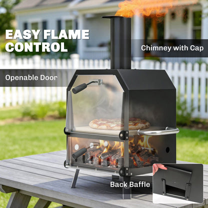 Outdoor Pizza Oven with 12" Pizza Stone, Peel, Wood Fired 2-Layer Stainless Steel Pizza Maker