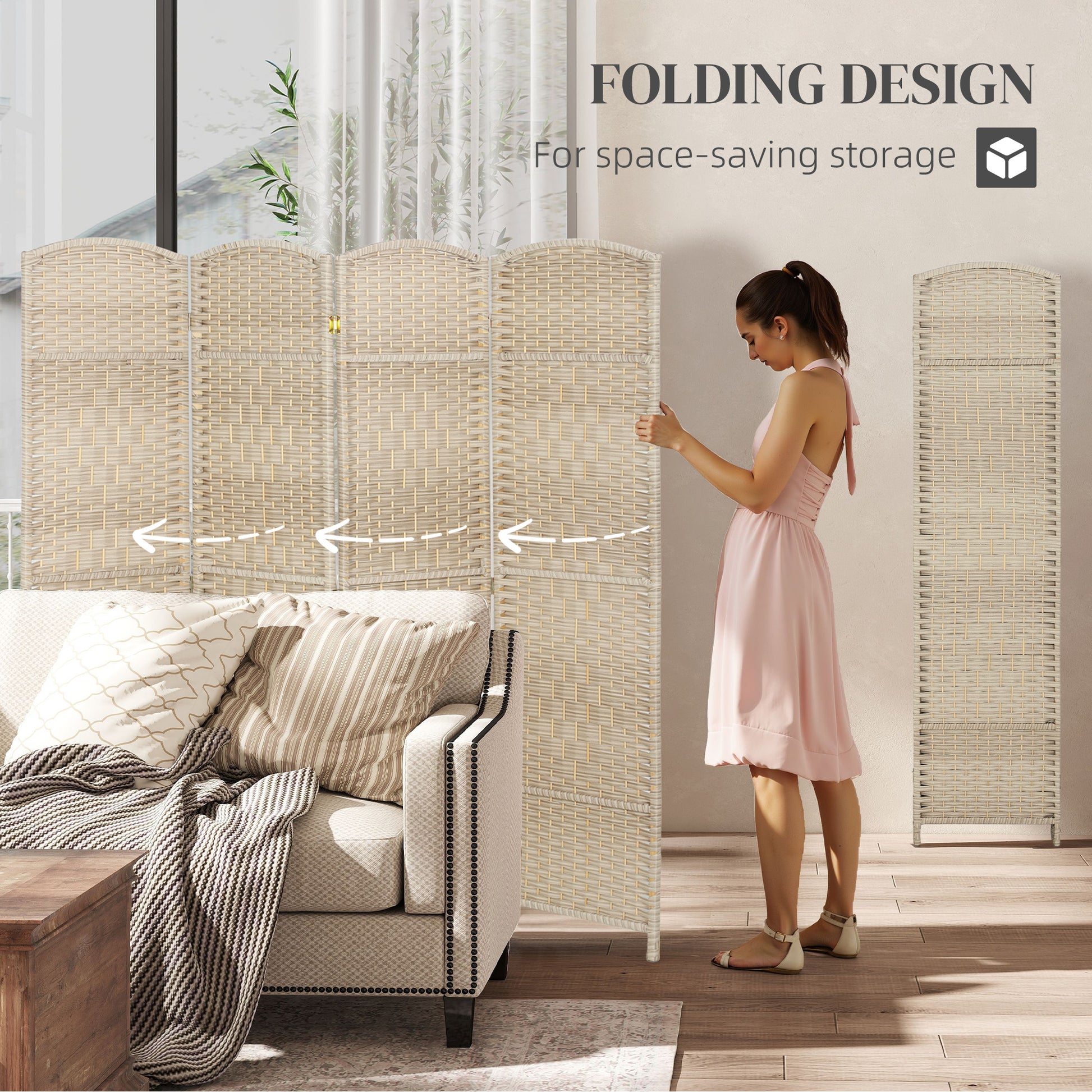 6 Ft Tall Folding Room Divider, 4 Panel Portable Privacy Screen, Hand-Woven Partition Wall Divider, Light Oak