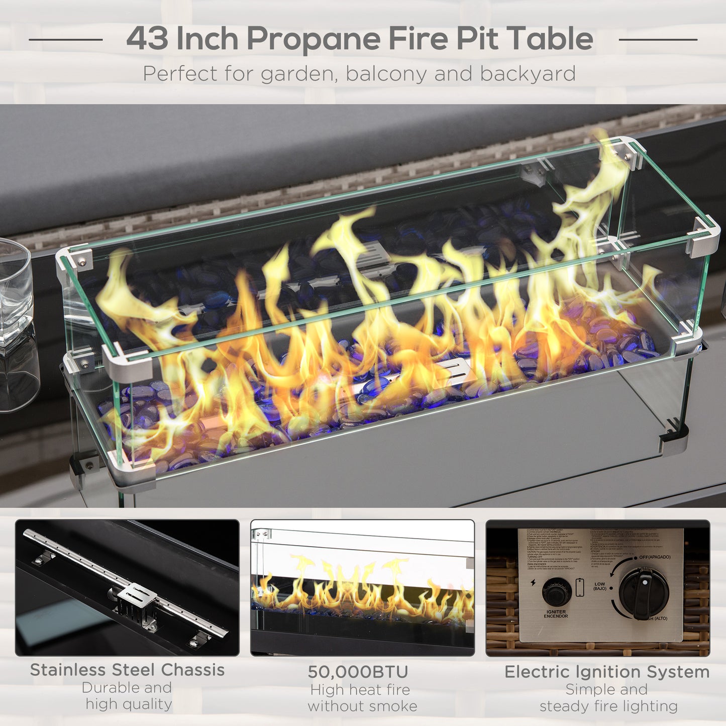 Outdoor Propane Gas Fire Pit Table, 50,000 BTU Electric Ignition Gas Firepit with Glass Cover, Black Glass Tabletop and CSA Certification, Brown
