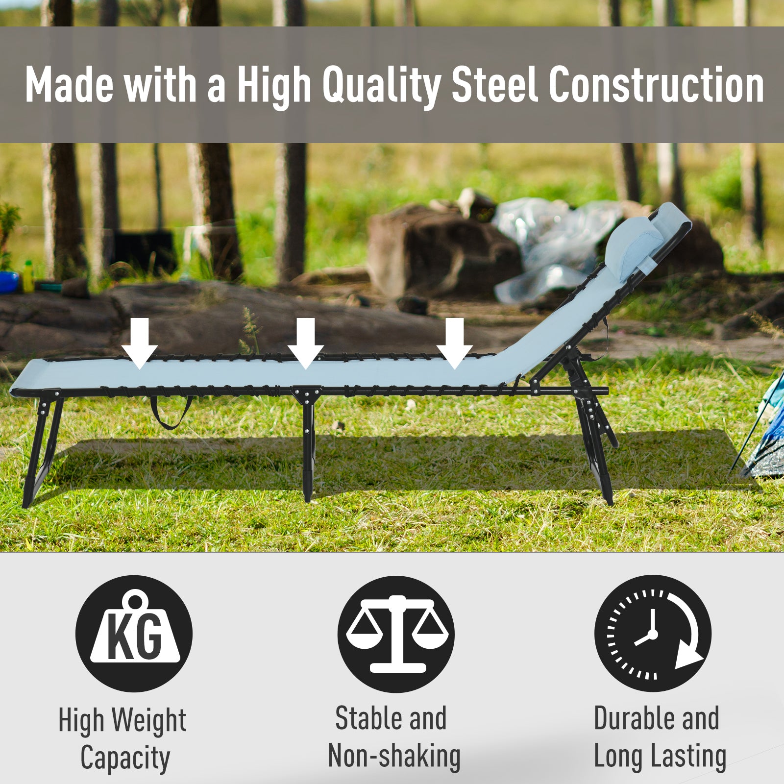 Outdoor Folding Lounge Chair, 4-Level Adjustable Chaise Lounge with Headrest, Tanning Chair Beach Bed, Reclining Lounger Cot for Camping, Hiking, Backyard, Light Blue