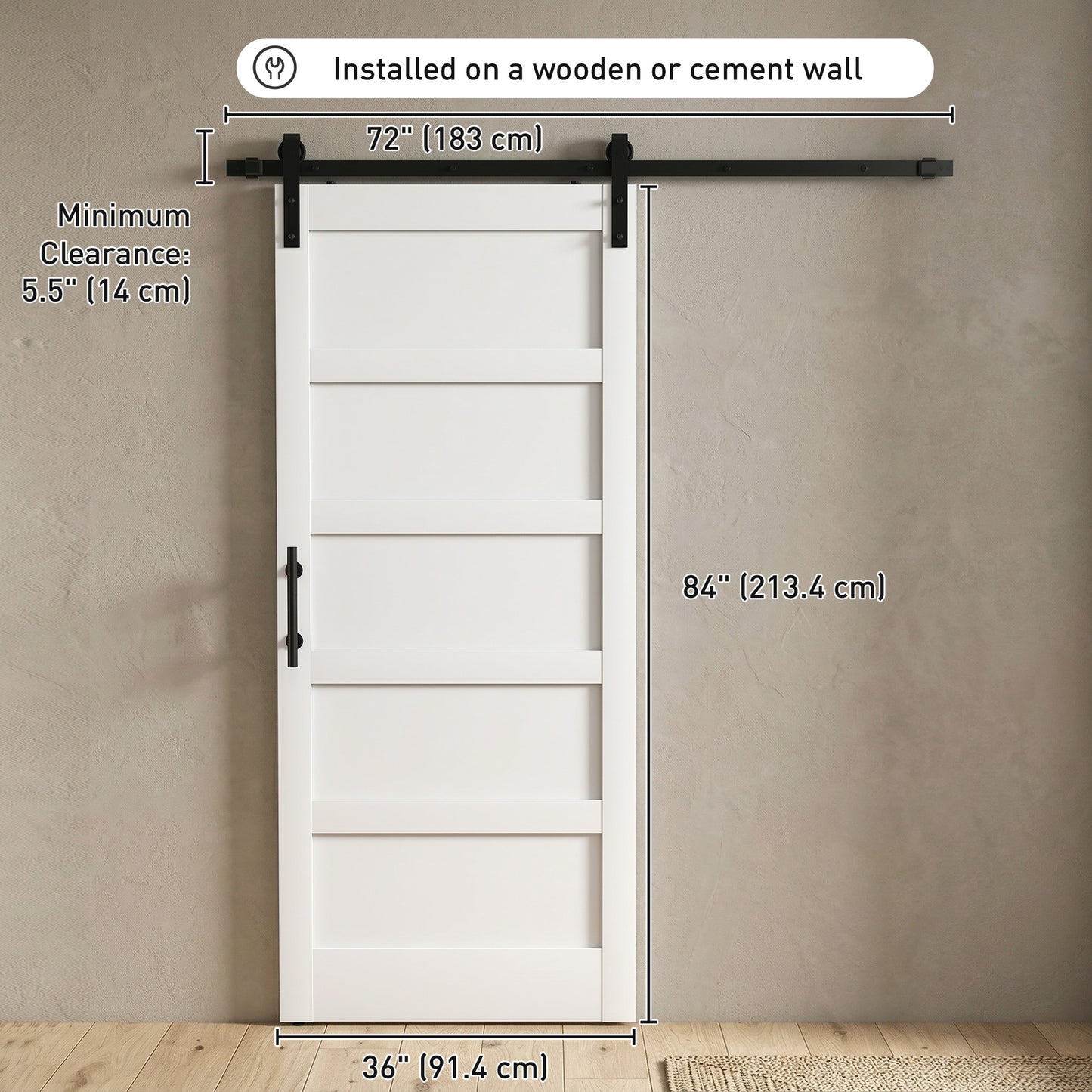 36"x84" Sliding Barn Door with Hardware Kit, Shaker Style Sliding Door with Handle, Track, Floor Guide, White Wood Grain