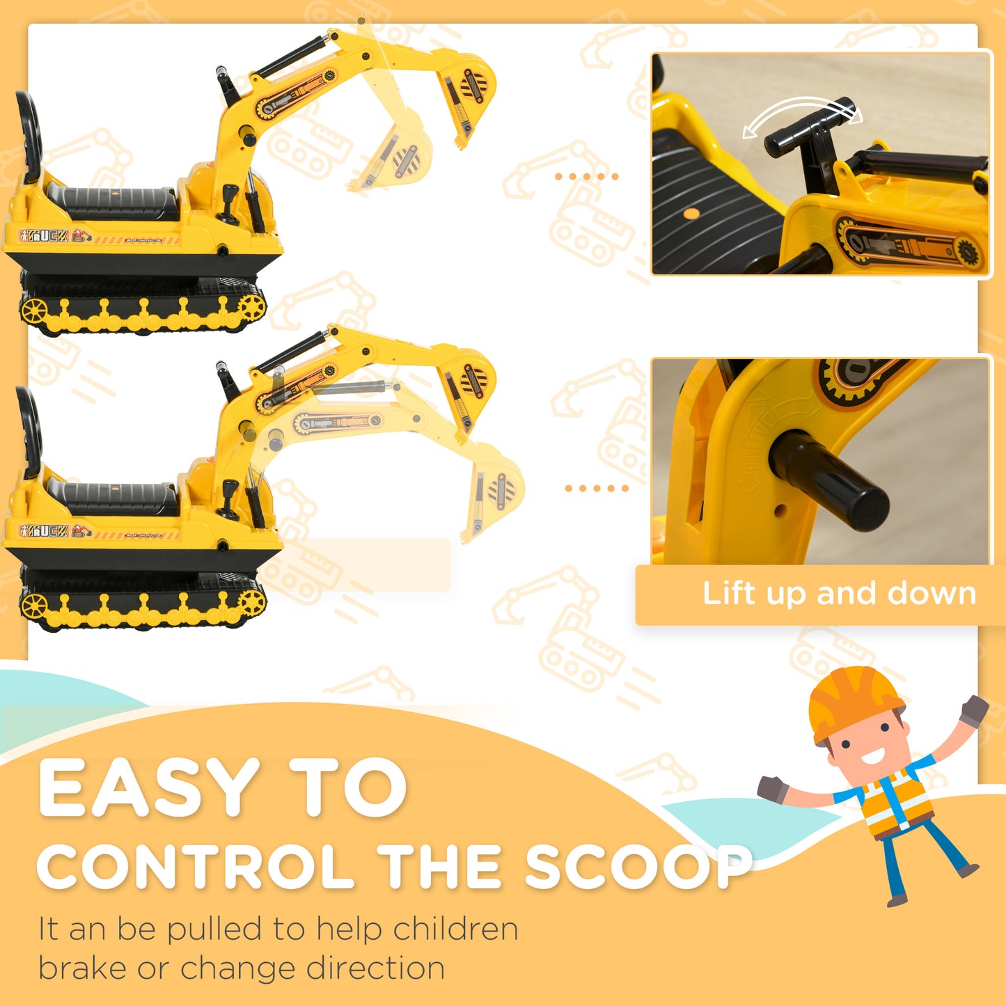 Qaba Kids Ride-on Excavator with Digger, Pretend Play Construction Truck with Under Seat Storage, Realistic Sound, Treaded Wheels, No Power Design