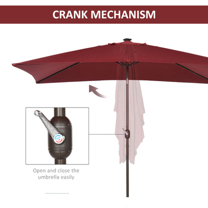 6.5x10ft Patio Umbrella Rectangle Solar Powered Tilt Aluminum Outdoor Market Parasol with LEDs Crank (Wine Red)