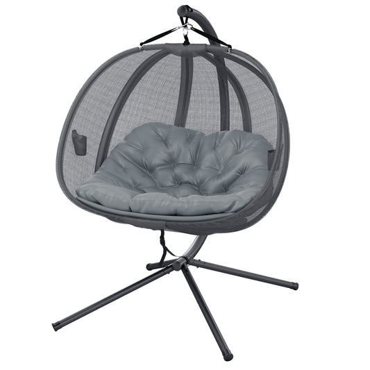 Double Egg Chair with Stand, 2 Person Hanging Swing Egg Chair with Cushion, Pockets, Grey