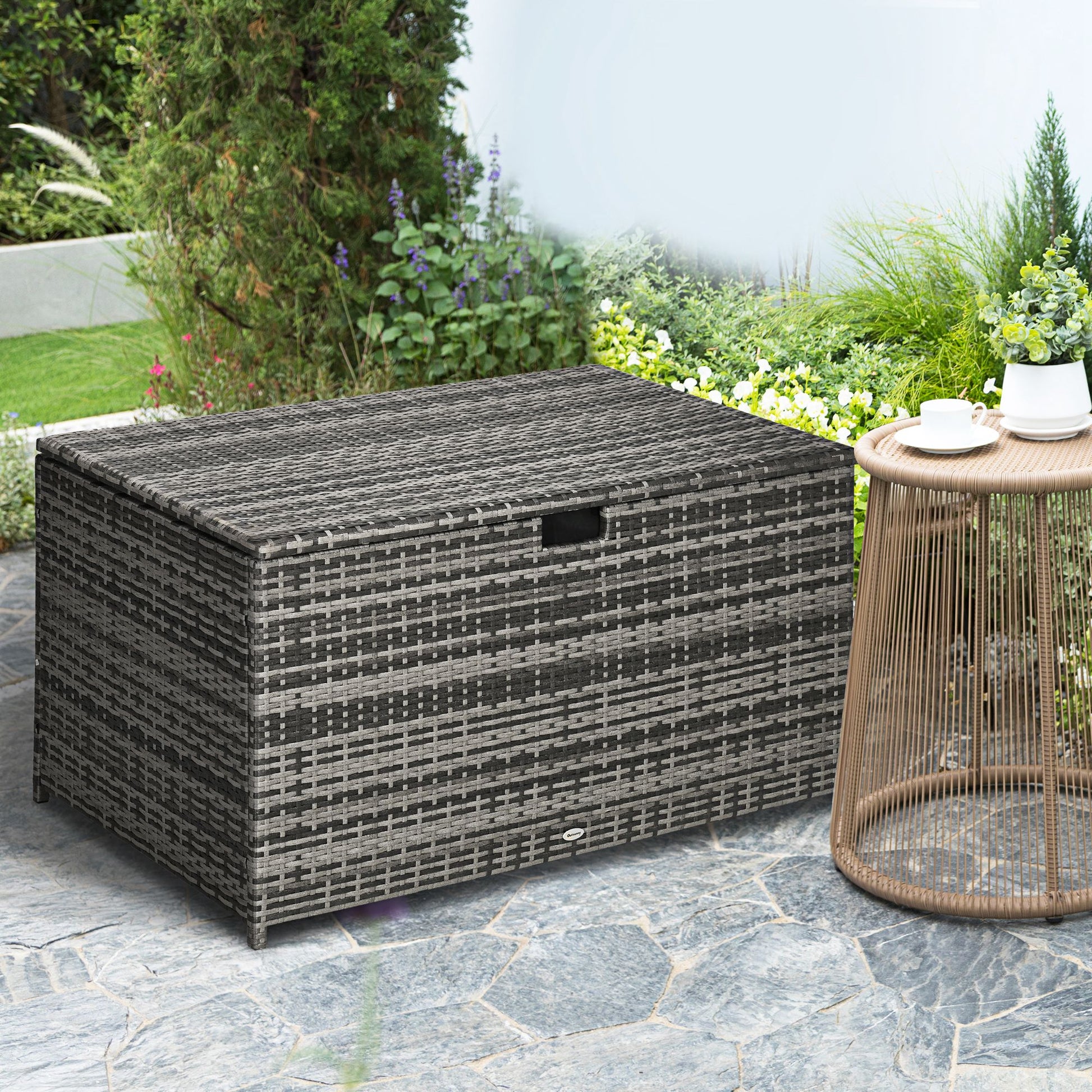 113 Gallon Outdoor Storage Box, Rattan Deck Box for Indoor, Patio Furniture Cushions, Grey