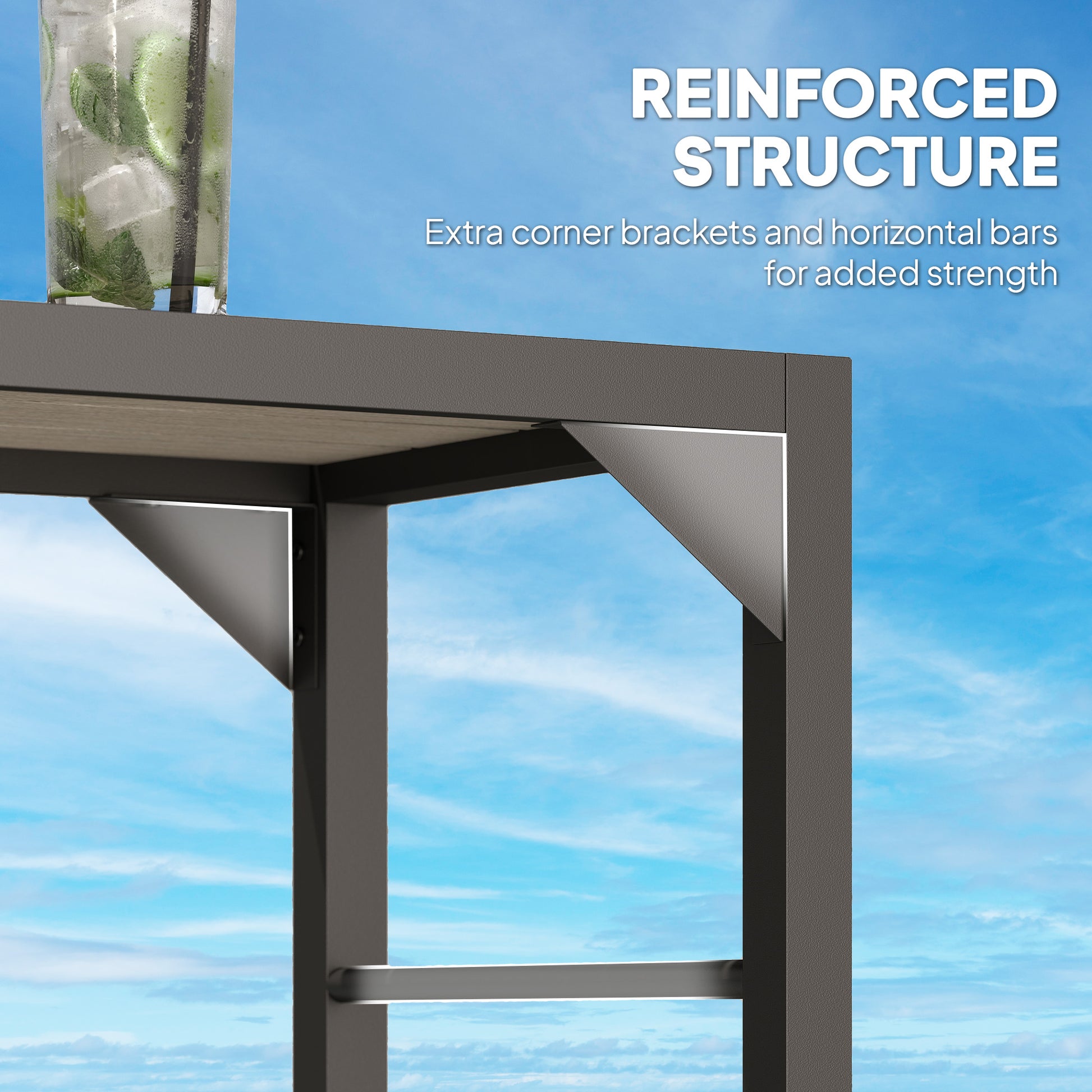 Bar Height Outdoor Table with Built-In Bottle Opener, Patio Bar Table with Wood Grain Plastic Top, 47.2" x 15" x 39"