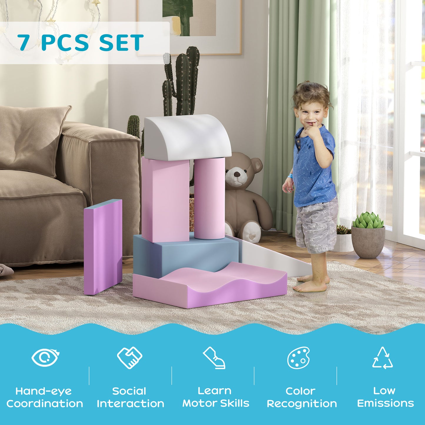 Soozier 7 Pieces Soft Play Foam Climbing Blocks, Indoor Modular Kids Play Toys for Climbing, Crawling, Sliding, Light Colour