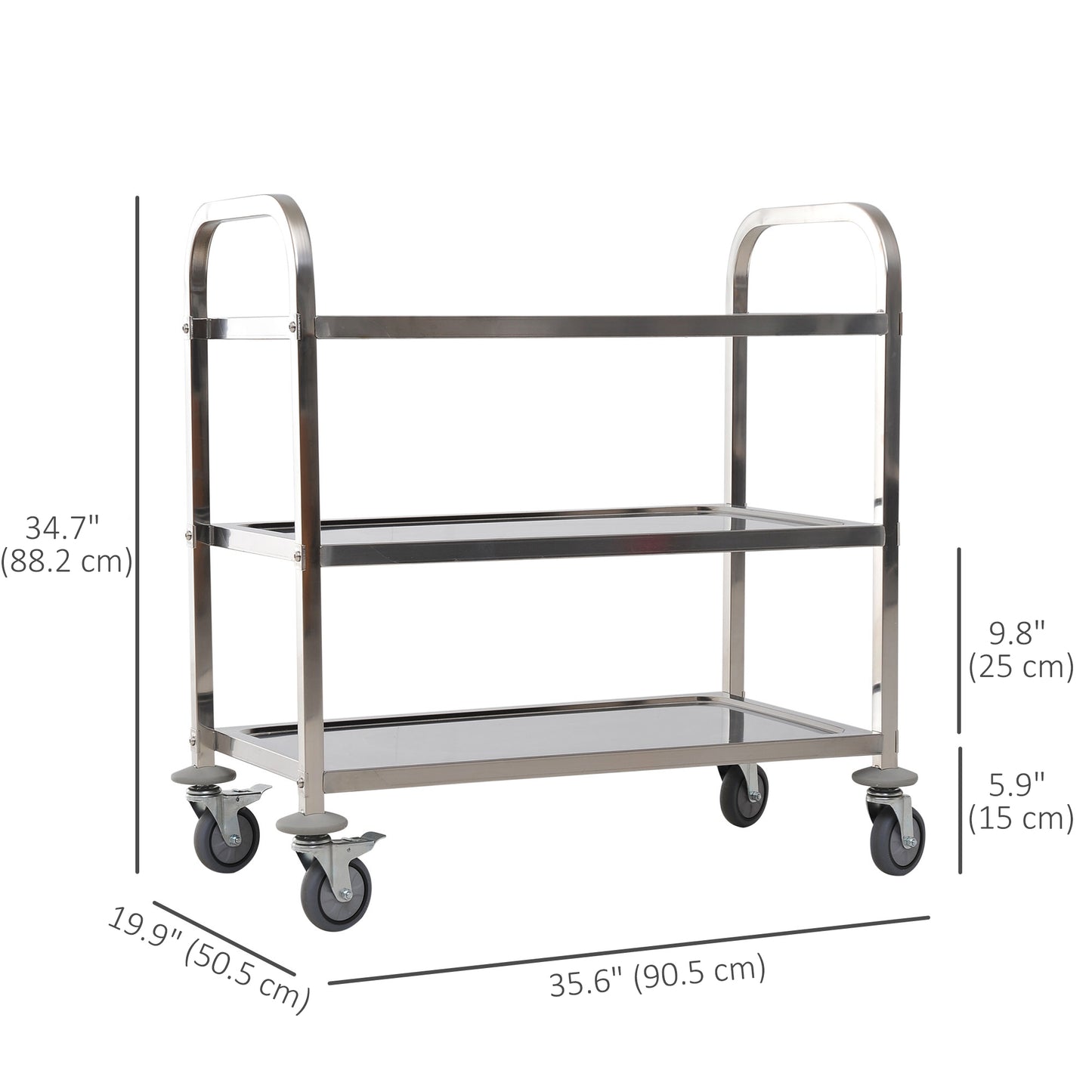 35.6" 3-Tier Kitchen Trolley Medical Treatment Laboratory Equipment Carts, Stainless Steel Rolling Kitchen Island, Wheeled Storage Utility Serving Cart, 330LBS Heavy Gauge