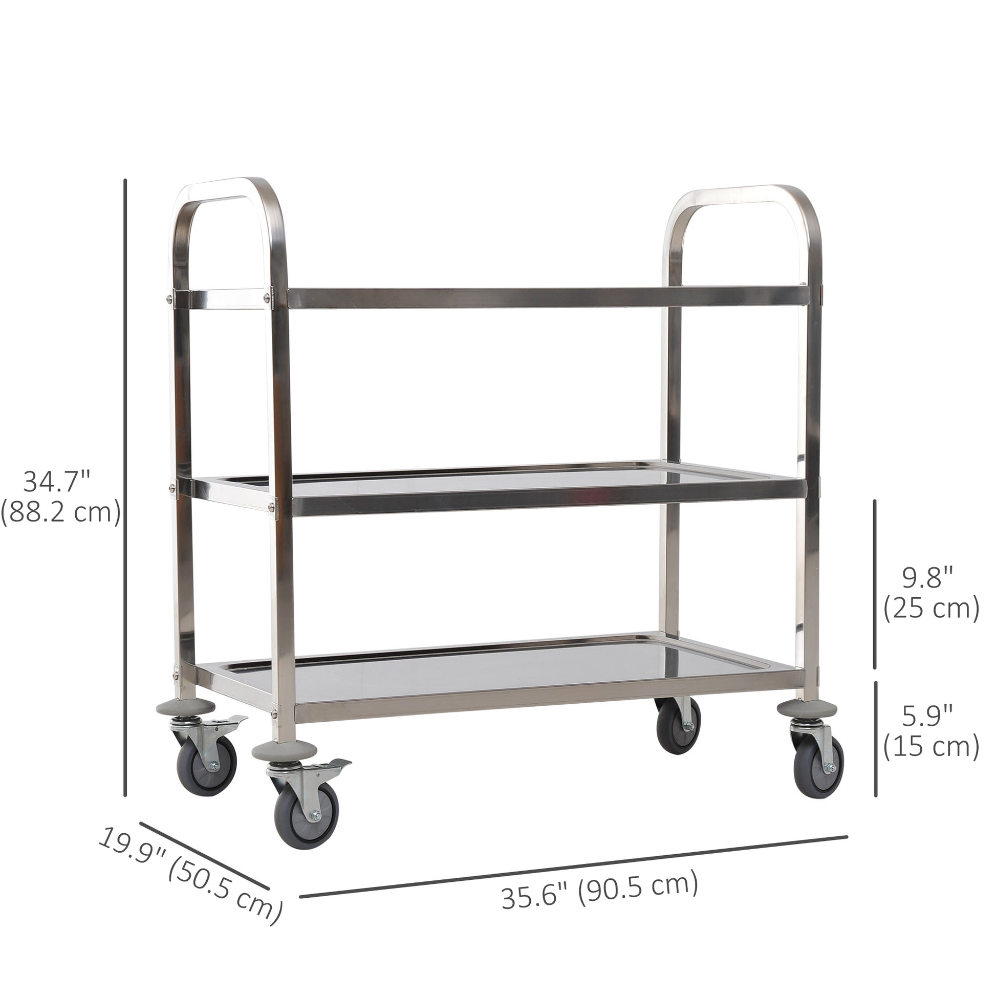 35.6" 3-Tier Kitchen Trolley Medical Treatment Laboratory Equipment Carts, Stainless Steel Rolling Kitchen Island, Wheeled Storage Utility Serving Cart, 330LBS Heavy Gauge