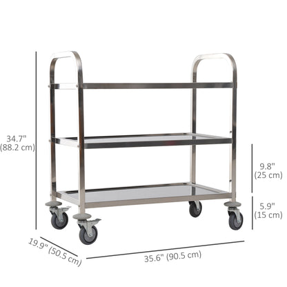 35.6" 3-Tier Kitchen Trolley Medical Treatment Laboratory Equipment Carts, Stainless Steel Rolling Kitchen Island, Wheeled Storage Utility Serving Cart, 330LBS Heavy Gauge