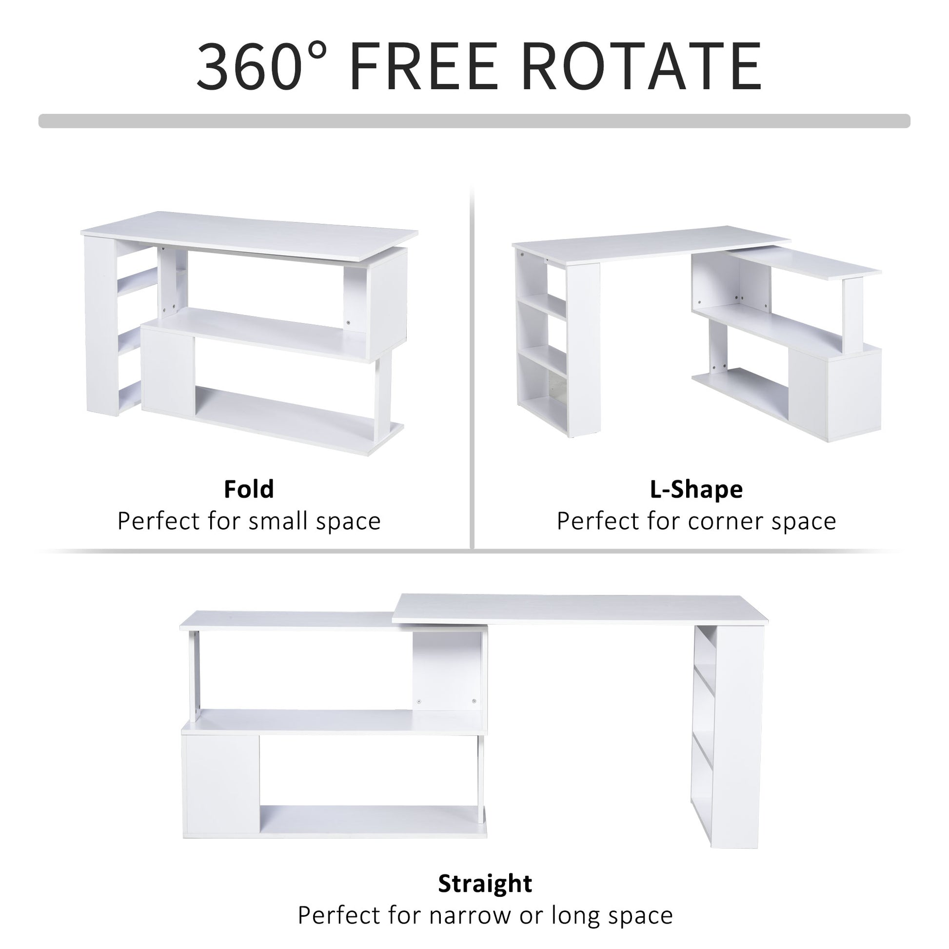 47" L Shaped Desk, 360° Rotating Corner Desk, Reversible Computer Writing Table Workstation with Storage Shelf for Home Office, White