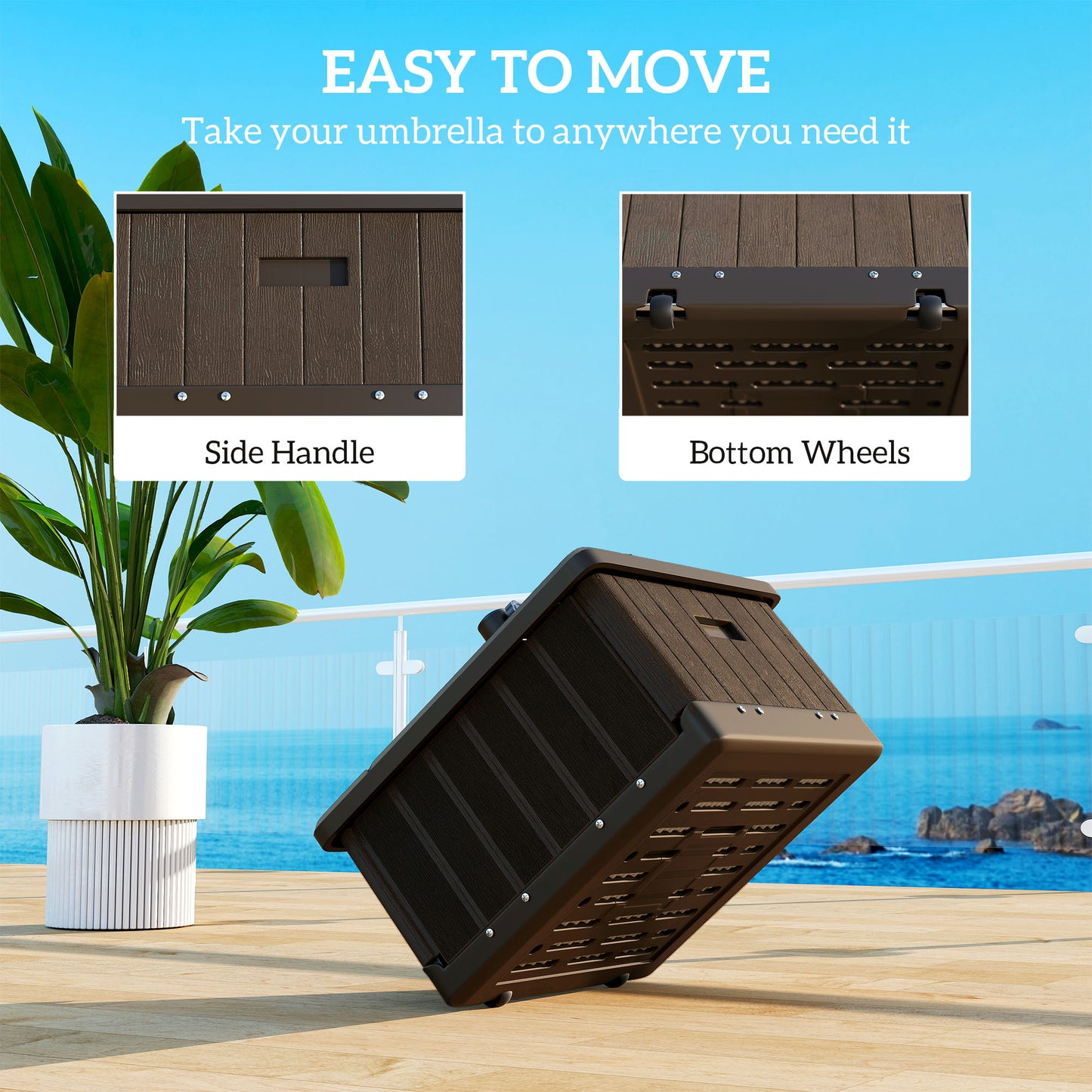 3-in-1 Outdoor Umbrella Base with Wheels and Handles, End Table, Flower Box Planter with Hole, 176 lbs. Capacity, Brown