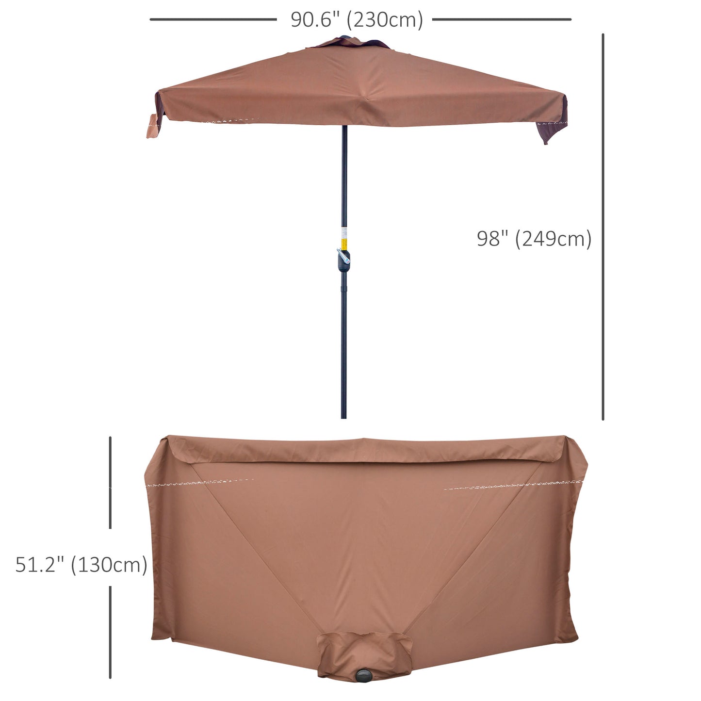 7.5ft Half Umbrella Semi Patio Parasol with Crank Handle, Top Vent for Garden, Balcony- NO BASE INCLUDED, Coffee
