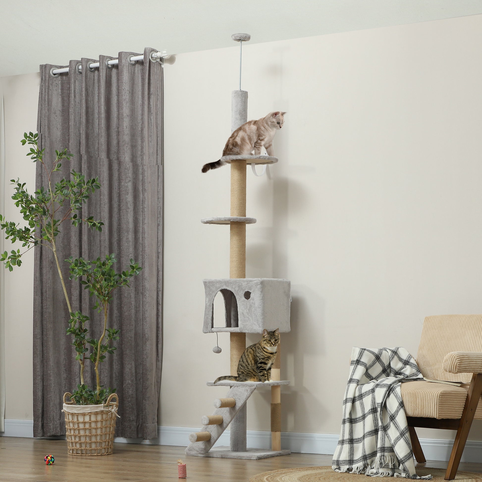 89"-100" Floor to Ceiling Cat Tree w/ Scratching Post, Cat House, 3-Steps, Hanging Ball, Perches, Light Grey