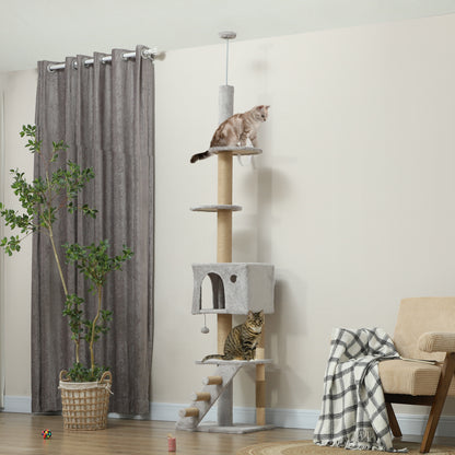 89"-100" Floor to Ceiling Cat Tree w/ Scratching Post, Cat House, 3-Steps, Hanging Ball, Perches, Light Grey