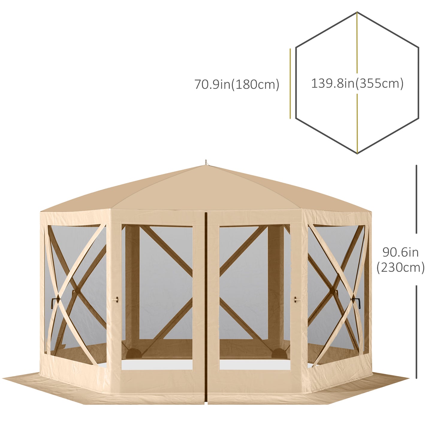 12' x 12' Hexagon Automatic Pop Up Screen Tents Camping Shelter Picnic Canopy Outdoor Sun Shade w/ Mesh Sidewalls and Carry Bag Beige