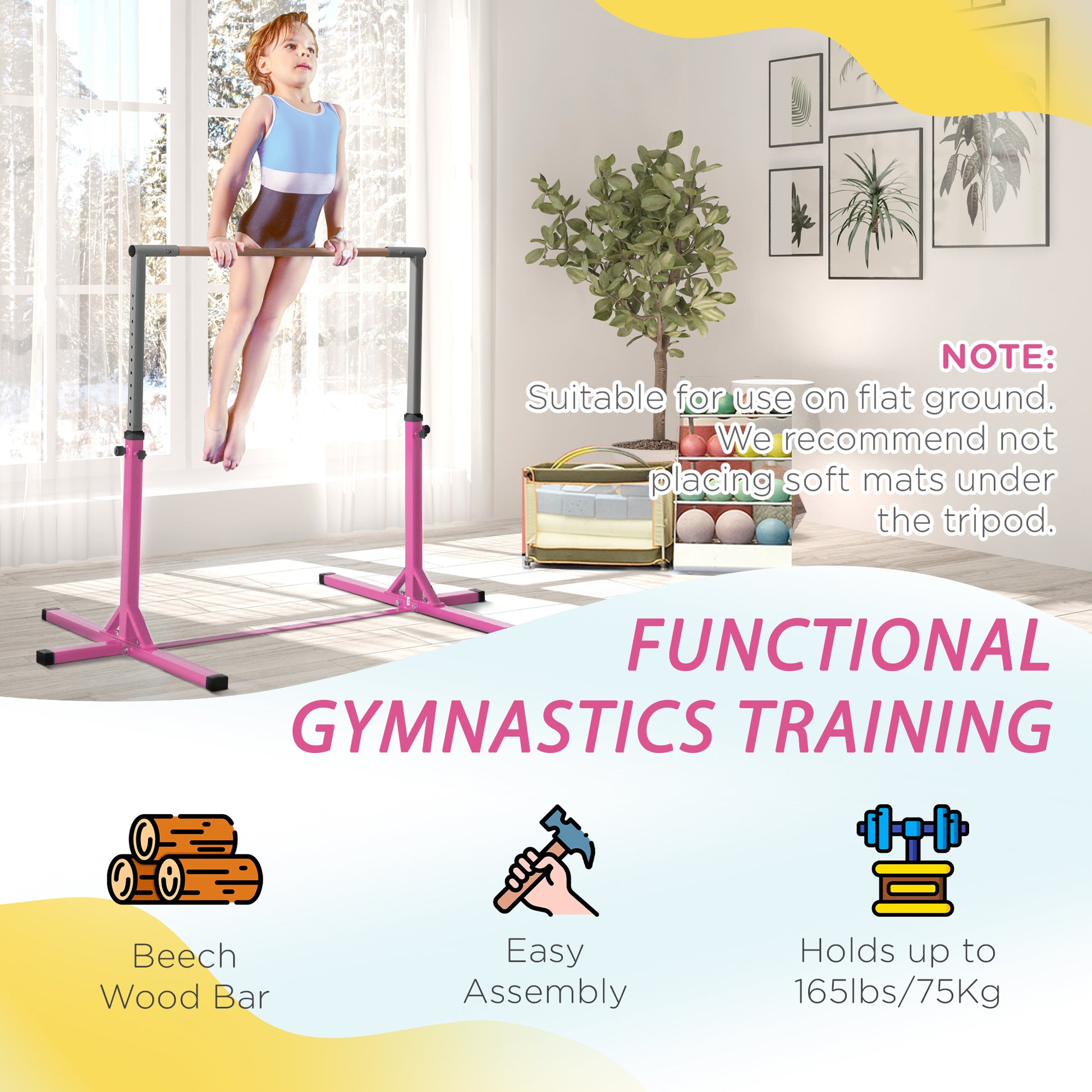 Soozier Professional Gymnastics Bar for Kids, Toddler Home Gymnastics Equipment with 13-level Adjustable Height, Pink