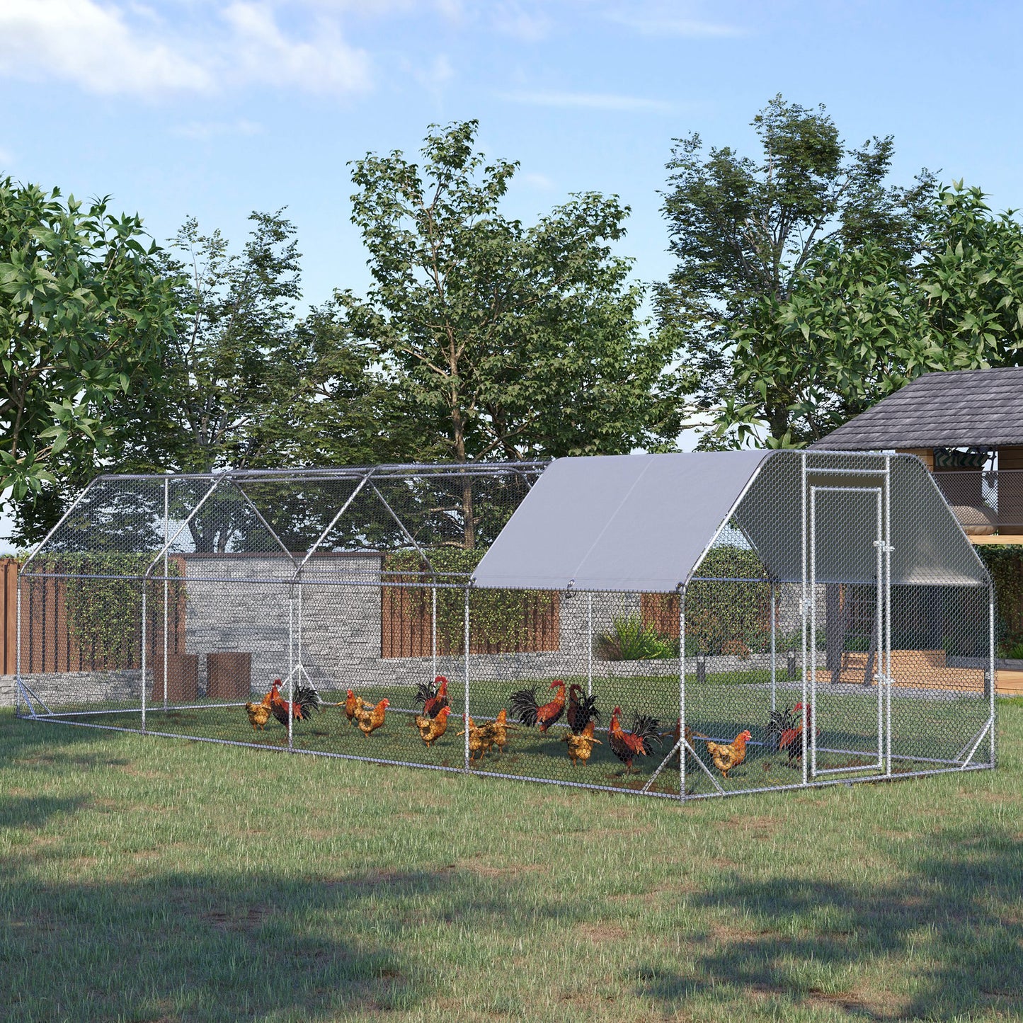 Chicken Run, Galvanized Large Metal Chicken Coop Cage, Walk-in Enclosure Poultry Hen Run House Playpen Rabbit Hutch with Flat Roof, Cover, 9.2' x 24.9' x 6.5', Silver