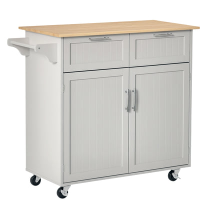41" Kitchen Island with Storage and Solid Wood Top, Rolling Kitchen Cart on Wheels with 2 Storage Drawers, 2 Doors and Towel Rack for Dining Room, Grey