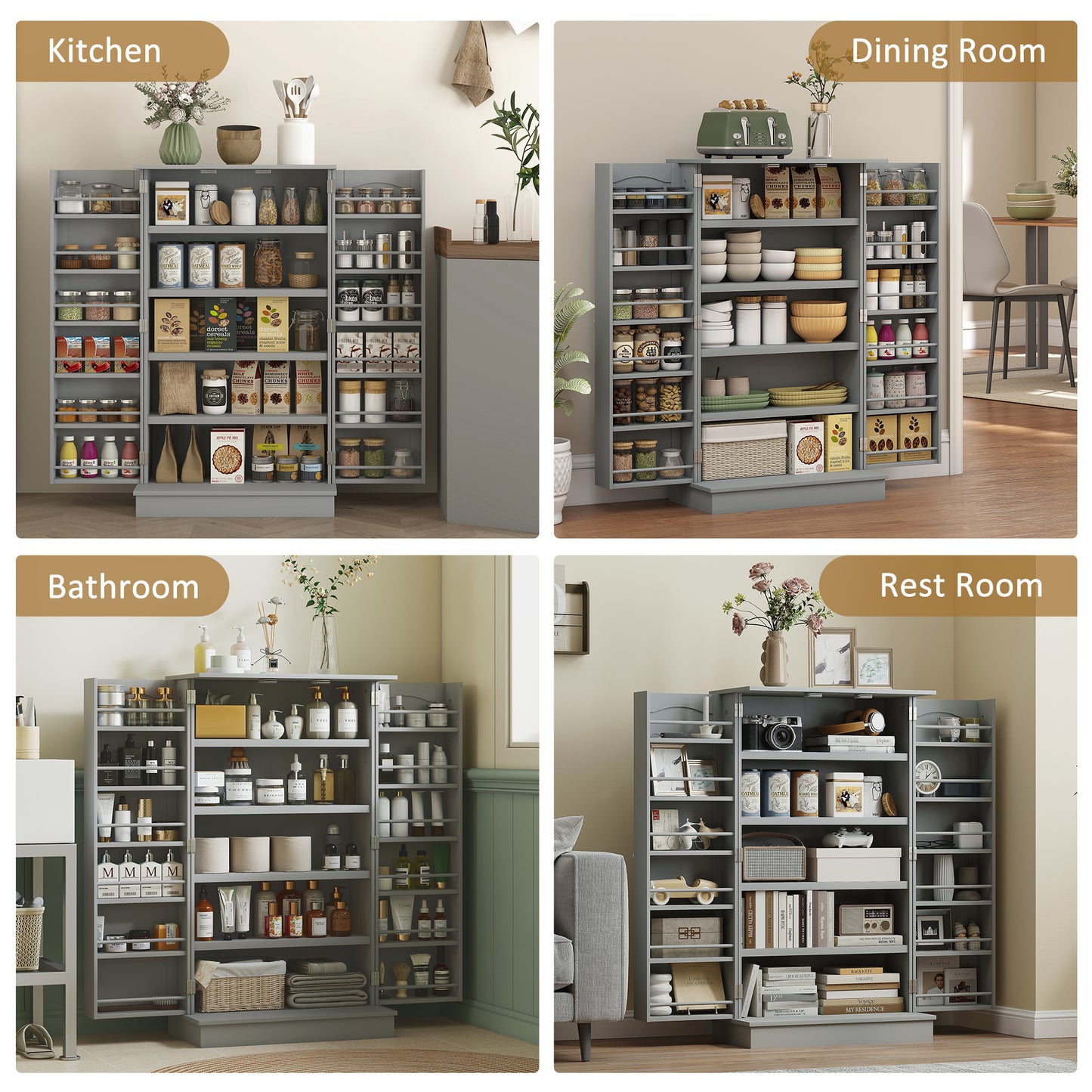 41" Storage Cabinet, 2-Door Kitchen Pantry Cabinet with 5-tier Shelving, 12 Spice Racks and Adjustable Shelves, Grey