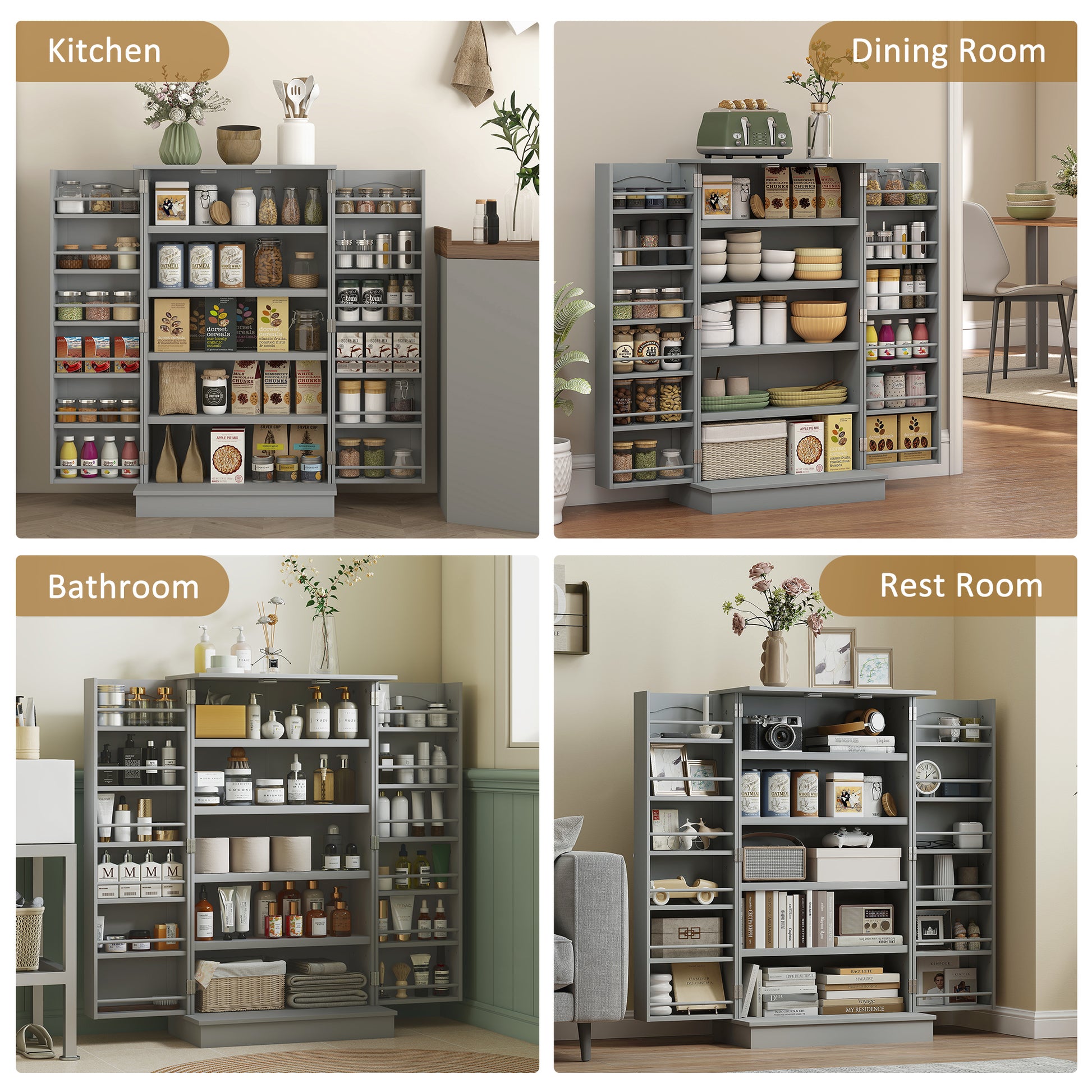 41" Storage Cabinet, 2-Door Kitchen Pantry Cabinet with 5-tier Shelving, 12 Spice Racks and Adjustable Shelves, Grey