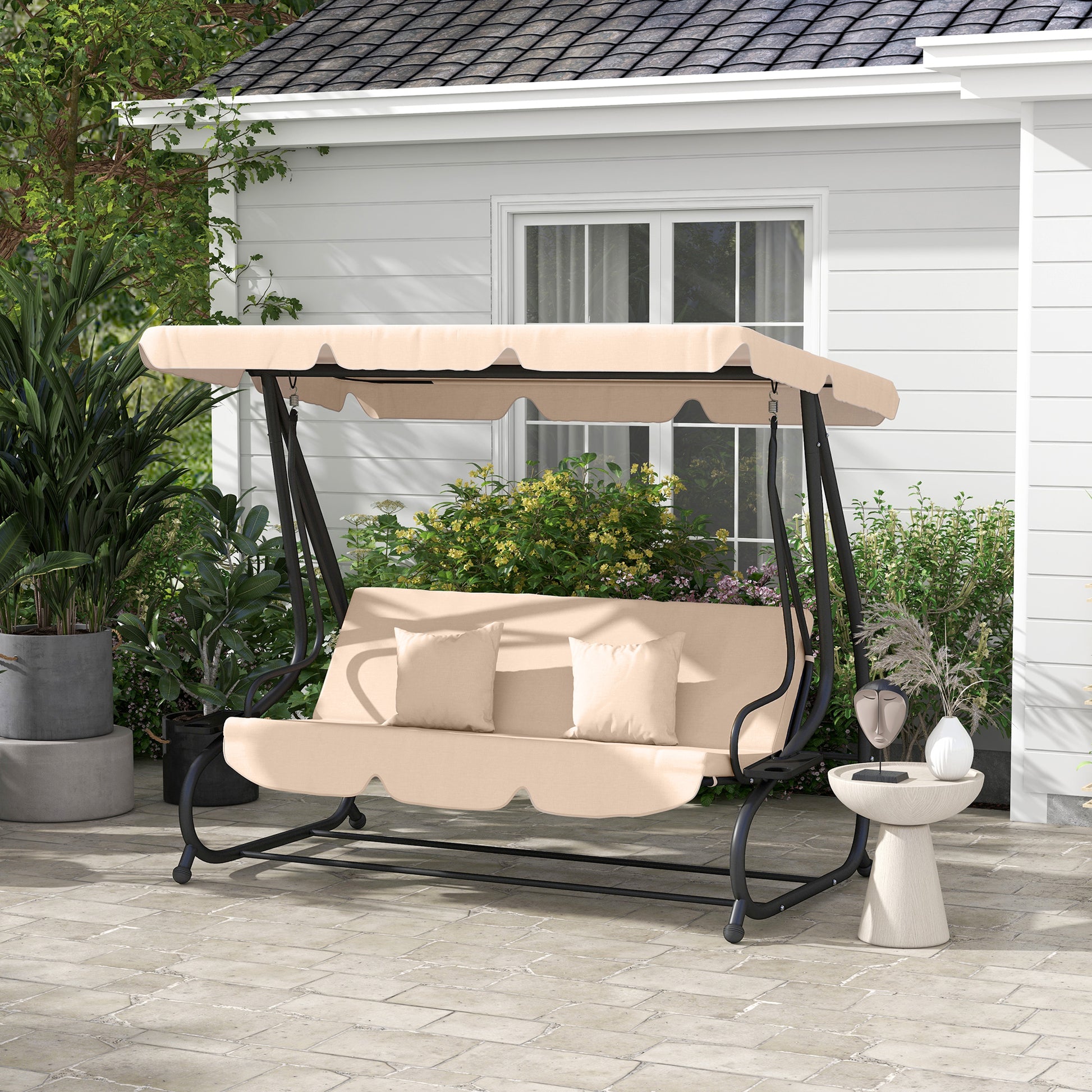 3-Seat Outdoor Patio Swing Chair, 2-in-1 Convertible Flat Bed, Canopy Swing with Adjustable Shade, Removable Cushions, Cup Holder, Light Brown