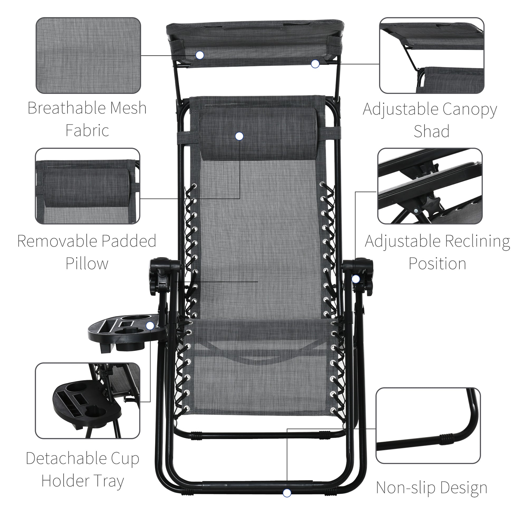 Outdoor Zero Gravity Reclining Lounger Chair with Canopy Shade, Side Tray, Cupholder, Light Grey