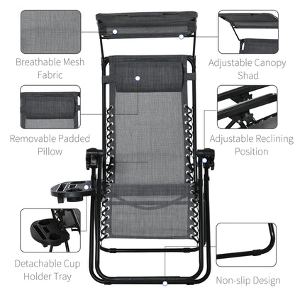 Outdoor Zero Gravity Reclining Lounger Chair with Canopy Shade, Side Tray, Cupholder, Light Grey