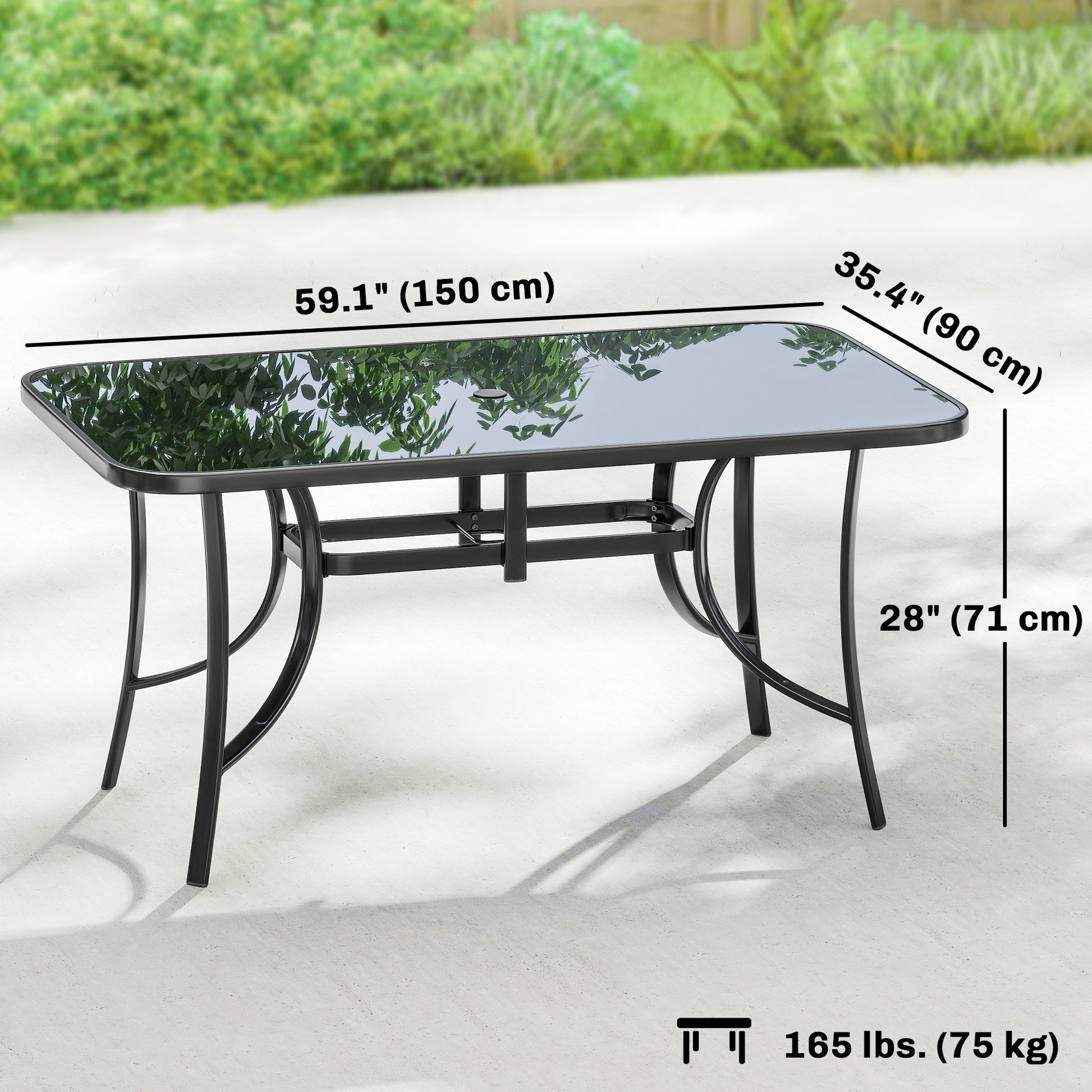 Outdoor Dining Table for 6 with Umbrella Hole, Metal Patio Dining Table with Tempered Glass Top